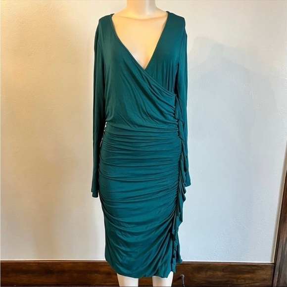 Sundance Reflection Dress Ruched Ruffle Midi Dress Teal Green Bodycon Size Small - Picture 1 of 8